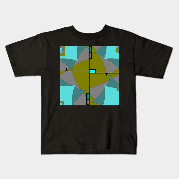 Geometric crossing. Abstract pattern in olive, black, grey, aqua blue and jade Kids T-Shirt by innerspectrum